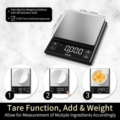 11 Lb Digital Food Scale With Pro Grade Precision 0.0001 Lb Per Division For Precise Cooking Baking And Coffee Stainless Steel Kitchen Scale With Large LED Display Black showing tare function with weight measurement and ingredients.