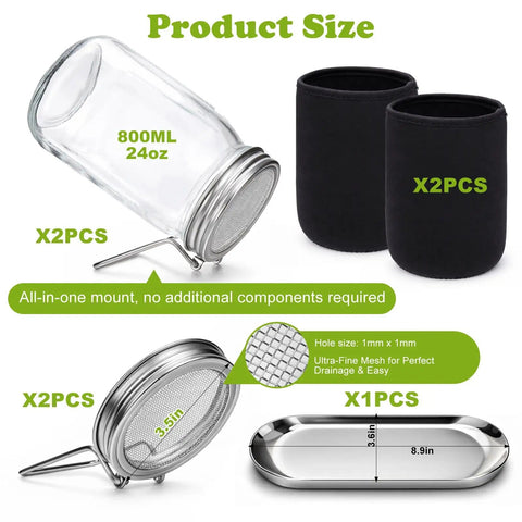 Complete All In One Sprouting Kit With Glass Mason Jars, Stainless Steel Mesh Lids, Angled Drainage Stand, And Light Blocking Sleeves, 2 Pack