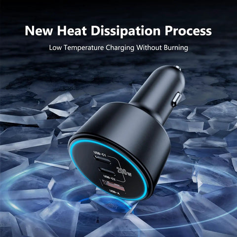 Game Changing 200W Car Charger With Triple Port USB C Adapter and PD 3.0 Fast Charging on ice background.