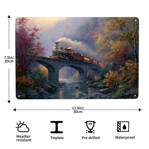 Dope Vintage Steam Locomotive Crossing Stone Arch Bridge Metal Tin Plaque Sign For Living Room Study Or Studio Wall Decor 8 By 12 Inch Fade Resistant Print Weatherproof Rustic Home Wall Art depicting a steam train on a bridge.