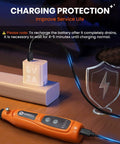HARDELL orange mini cordless rotary tool; front view on desk with black control panel and charging cable nearby