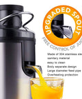 Heavy Duty Stainless Steel Juicer With Extra Wide Mouth For Smooth Extraction And No Pomace Or Pulp Leftovers showing juice flow from upgraded spout.