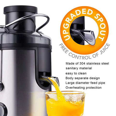 Heavy Duty Stainless Steel Juicer With Extra Wide Mouth For Smooth Extraction And No Pomace Or Pulp Leftovers showing juice flow from upgraded spout.