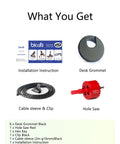 Components of Six Pack Desk Grommet Hole Saw Kit 50 Mm Bi-Metal with drill bit, hex key, cable sleeve, and desk grommet.