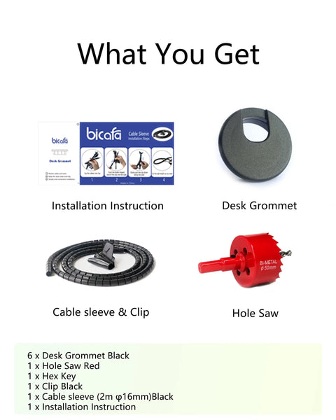 Components of Six Pack Desk Grommet Hole Saw Kit 50 Mm Bi-Metal with drill bit, hex key, cable sleeve, and desk grommet.