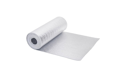 Rock Solid Reflective Insulation Roll 3mm Foam Core Radiant Barrier unrolled, showcasing silver reflective surface, 24x10 feet.