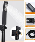 12 Inch Luxury Black Wall Mounted Shower System With Rain Mixer Complete Shower Faucet Set Rainfall Head Handheld Sprayer Easy Install Modern Bathroom Upgrade Matte Black Finish, showing handheld sprayer and hose details.