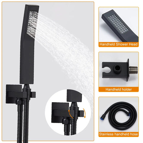 12 Inch Luxury Black Wall Mounted Shower System With Rain Mixer Complete Shower Faucet Set Rainfall Head Handheld Sprayer Easy Install Modern Bathroom Upgrade Matte Black Finish, showing handheld sprayer and hose details.
