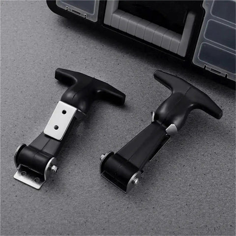 Beefed Up Set Of Four Stainless Steel Rubber Hood Latch Kit with T Handle, two latches on grey surface