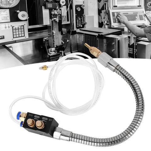 Heavy Duty CNC Coolant Sprayer System For Lathe Grinders And Drills showing spray nozzle with braided hose and adjustment knobs.