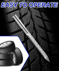 A Tough As Nails Three Piece Tire Reamer Drill Bit Set Featuring Sharp Carbide Burrs For No Sweat Flat Tire Repairs And Quick Roadside Fixes For Cars Trucks And Motorcycles, showing a carbide drill bit on tire tread.