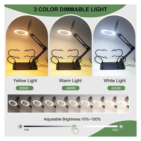 Helping Hands Soldering Station with 5X 10X magnifying lamp and four flexible arms under different light settings