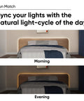 16.4ft RGB LED Light Strip With 16 Million Colors And Tunable White, App Control around bed showing morning and evening lighting