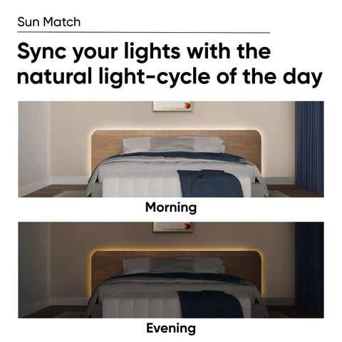 16.4ft RGB LED Light Strip With 16 Million Colors And Tunable White, App Control around bed showing morning and evening lighting