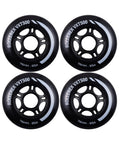 Inline Skate Wheels 76mm 24mm Thick 4 Pack For Indoor And Outdoor Skating, black urethane wheels with text and design visible.