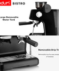 Premium Game Changer Electric Espresso Machine With Integrated Stainless Steel Burr Grinder And High Pressure Milk Frother Steam Wand For Straight Up Barista Style Brewing At Home In Classic Black with large water tank and removable drip tray.