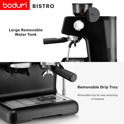 Premium Game Changer Electric Espresso Machine With Integrated Stainless Steel Burr Grinder And High Pressure Milk Frother Steam Wand For Straight Up Barista Style Brewing At Home In Classic Black with large water tank and removable drip tray.
