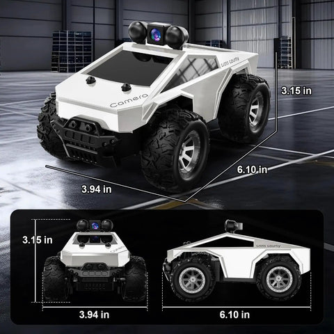 All Terrain RC Car With 720P FPV Camera And Remote Control, 1:28 Scale, shown with dimensions in a warehouse setting