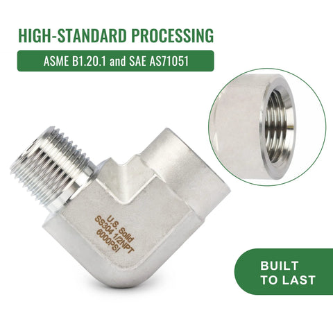 U.S. Solid 304 stainless steel 90-degree street elbow, male-to-female, high-pressure 6000 psi