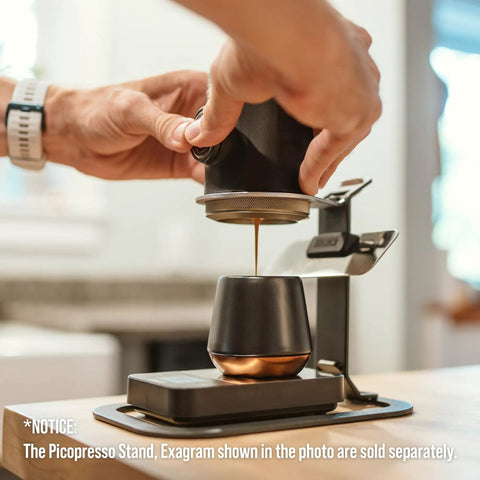 Person using Picopresso Portable Espresso Maker Bundle With Protective Case For Pro Level Coffee On The Go Ultra Fine Grind Compatible Manual Travel Espresso System Delivers Creamy Shots And Dense Flavor to pour espresso