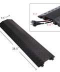 Medium Floor Cord Cover And Cable Ramp Drop Over Trak Protector For Office And Warehouse Heavy Duty PVC Channel Protector 38.5 Inch Length Black One Channel Extendable With T Connector showing dimensions and cable capacity.