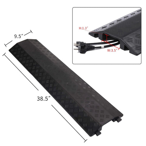 Medium Floor Cord Cover And Cable Ramp Drop Over Trak Protector For Office And Warehouse Heavy Duty PVC Channel Protector 38.5 Inch Length Black One Channel Extendable With T Connector showing dimensions and cable capacity.