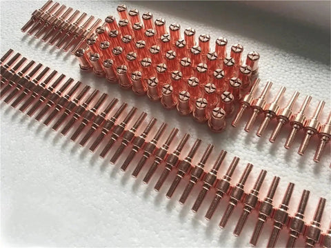High Performance Red Copper Extended Plasma Cutter Tips And Electrode Consumable Kit For PT31 LG40 40A Torch arranged in rows for cutting.