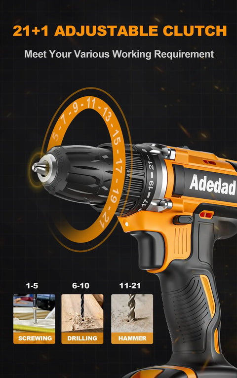 21+1 adjustable clutch on 20V Cordless Drill Set With 300 Inch Pound Torque, 0 To 450 And 0 To 1650 RPM, Three Eighths Inch Keyless Chuck