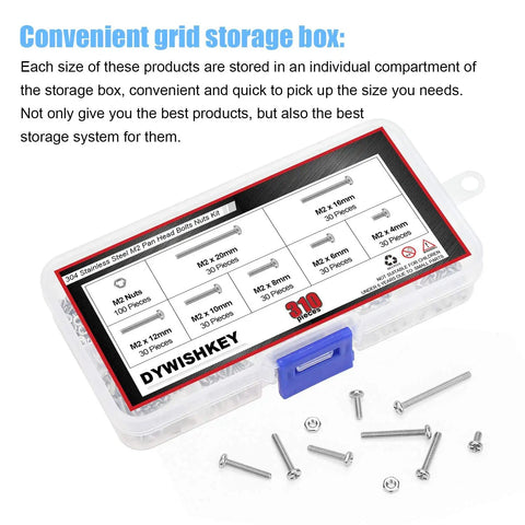 310 Piece Stainless Steel 304 Phillips Pan Head Bolts Screws Nuts Kit with storage box and visible M2x4mm to M2x20mm sizes