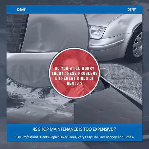 Close-up of car bumper dents with text about dent repair concerns and solutions