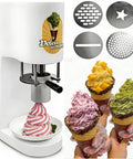 Cool Dessert Machine And Noodle Maker With 4 Stainless Steel Molds, 420Ml Hopper, 28 To 30 Liters Per Hour Capacity, showing ice cream cones and molds.