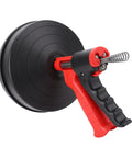 Rock Solid Drain Snake For Clogged Pipes Manganese Steel Cable Kicks Stuck Gunk And Hair with red handle and black reel.