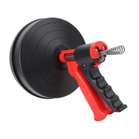 Rock Solid Drain Snake For Clogged Pipes Manganese Steel Cable Kicks Stuck Gunk And Hair with red handle and black reel.
