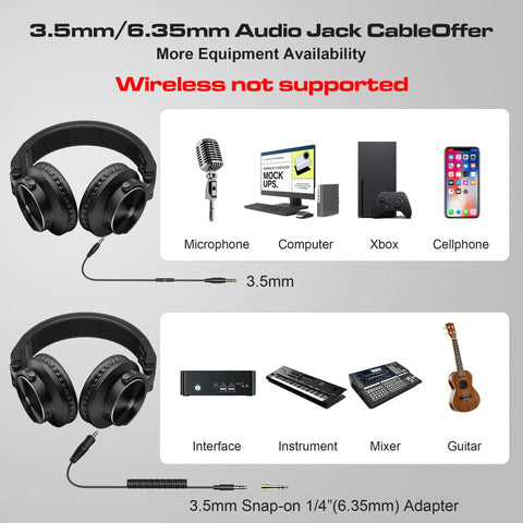 Wired Over-Ear Studio Monitor Headphones For Recording And Mixing With Fifty Millimeter Drivers And Wide Frequency Response, Delivers Punchy Bass And Clear Highs, DJ Style Stereo Sound, Includes One Quarter Inch To Three Point Five Millimeter Adapter with compatibility chart