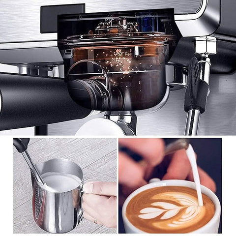Make Every Shot Hit Different With This Professional 15 Bar Semi Automatic Espresso Machine Including A Sleek Milk Frother And Helpful Cup Warmer For Top Tier Home Brewing with milk frother and milk pouring.