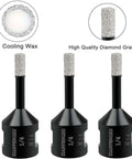 Front view: three vacuum-brazed diamond core drill bits for porcelain/stone, 1/4 inch shank, 5/8-11 thread