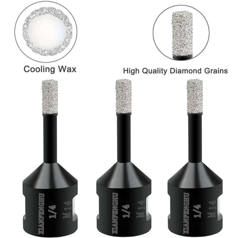 Front view: three vacuum-brazed diamond core drill bits for porcelain/stone, 1/4 inch shank, 5/8-11 thread