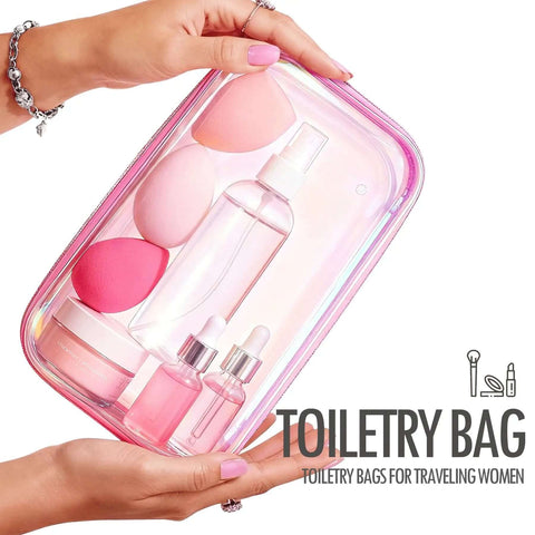 Kickass Clear Hard Shell Zipper Cases 2 Pack Iridescent Finish with toiletries, makeup, and beauty sponges inside