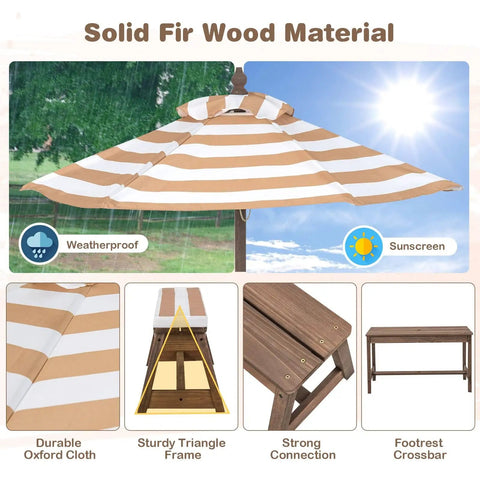 Outdoor Kids Picnic Table Set With Cushioned Benches And Umbrella parts and features, wooden table, stripe cushions, removable cushions