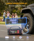 Beast Mode Jump Starter With Built In Air Compressor 160 PSI Car Battery Charger inflating a car tire with large display.