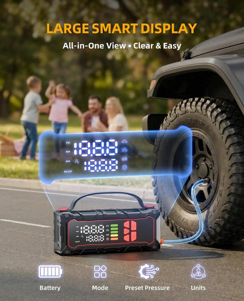 Beast Mode Jump Starter With Built In Air Compressor 160 PSI Car Battery Charger inflating a car tire with large display.