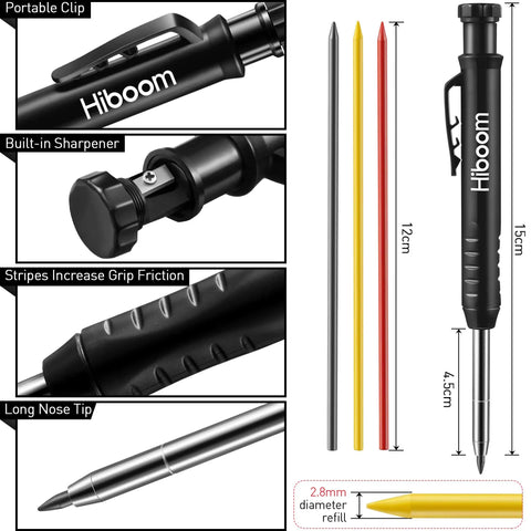 Mechanical Carpenter Pencil Set With Built In Sharpener And Long Nose Tip Clip, showcasing parts and 2.8mm refill size.