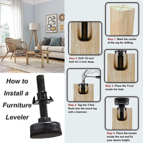 Rock Solid Adjustable Furniture Leveling Feet 3/8 Inch By 16 Thread Holds 1320 Lbs With T Nut Kit installation steps with leveling foot detail.