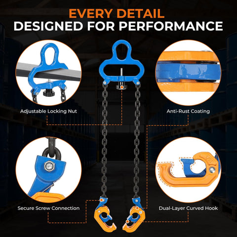 Upgraded Chain Drum Lifter 1 Ton Loading Capacity For 55 Gallon Drums With Forklift Hoist Crane Double Hooks And Chains