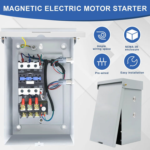 14.5 HP 3-Phase Magnetic Motor Starter in an open metal enclosure with wiring and terminal block (front view)