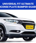 Premium Universal License Plate Frame With Integrated Bumper Guard And Thick Rubber Shield on white SUV front