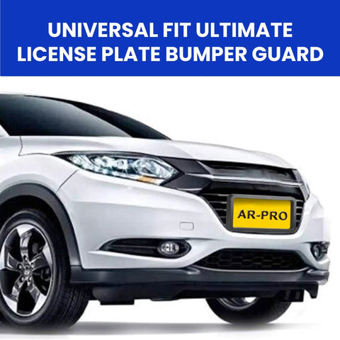Premium Universal License Plate Frame With Integrated Bumper Guard And Thick Rubber Shield on white SUV front