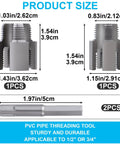 Super Duper Handy Dual Size Pvc Pipe Threading Kit dimensions for 1/2 and 3/4 inch pipes, showing size and structure.