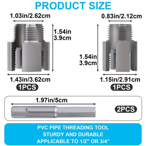 Super Duper Handy Dual Size Pvc Pipe Threading Kit dimensions for 1/2 and 3/4 inch pipes, showing size and structure.