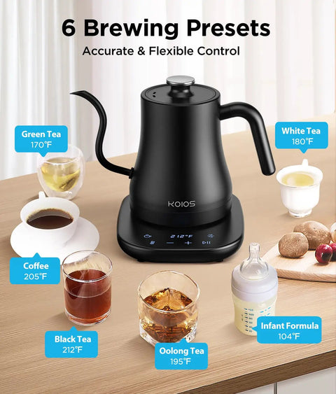 Gooseneck Electric Kettle With Next Level Temperature Control And Mute Mode, 0.8L Pour Over Kettle For Coffee And Tea, 1200W Quick Heating Stainless Steel Boiler, Keeps Warm For Four Hours, Matte Black shown with brewing presets on a kitchen counter.